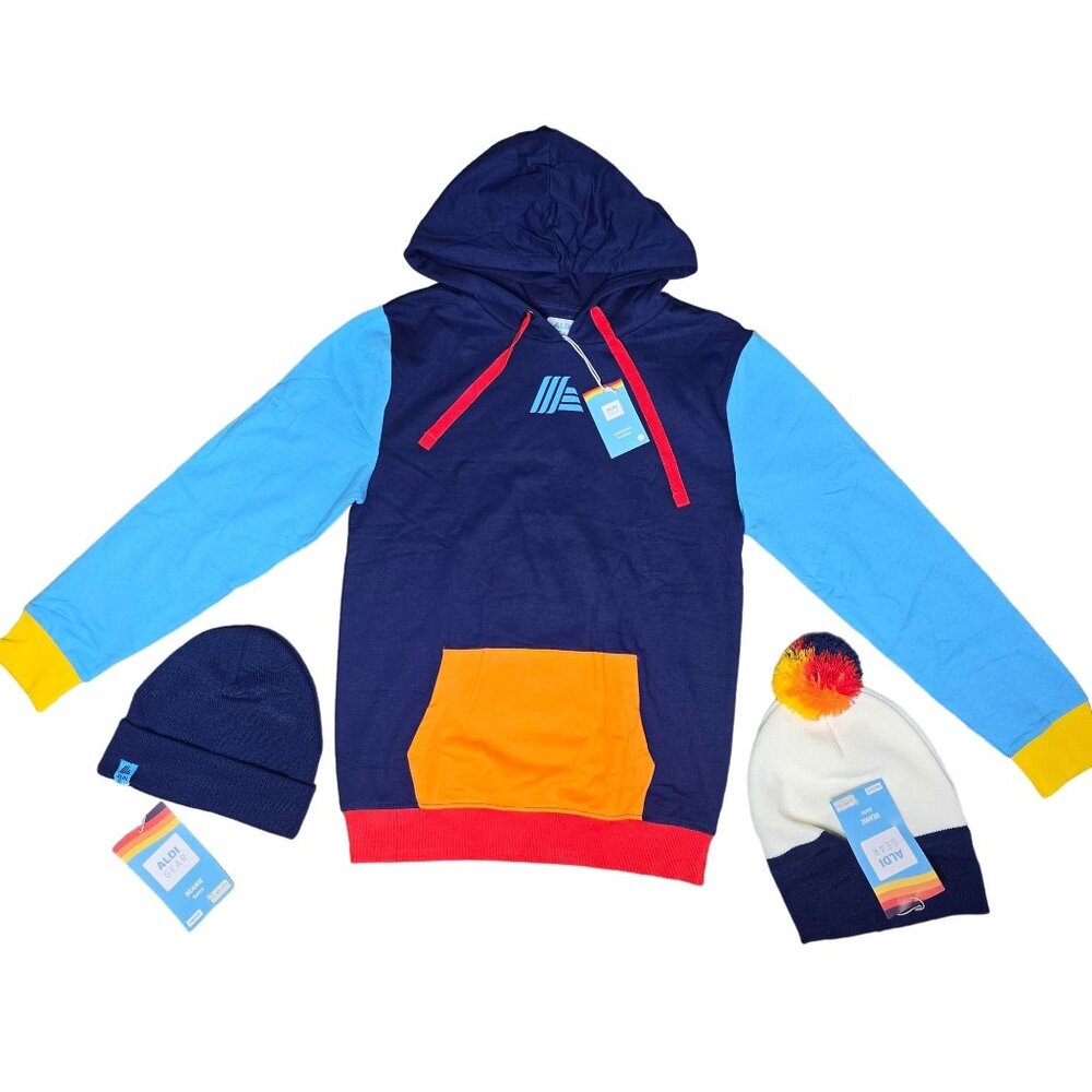 Aldi Gear NWT Hoodie & 2 Beanies Set size S Blue Red Yellow Orange